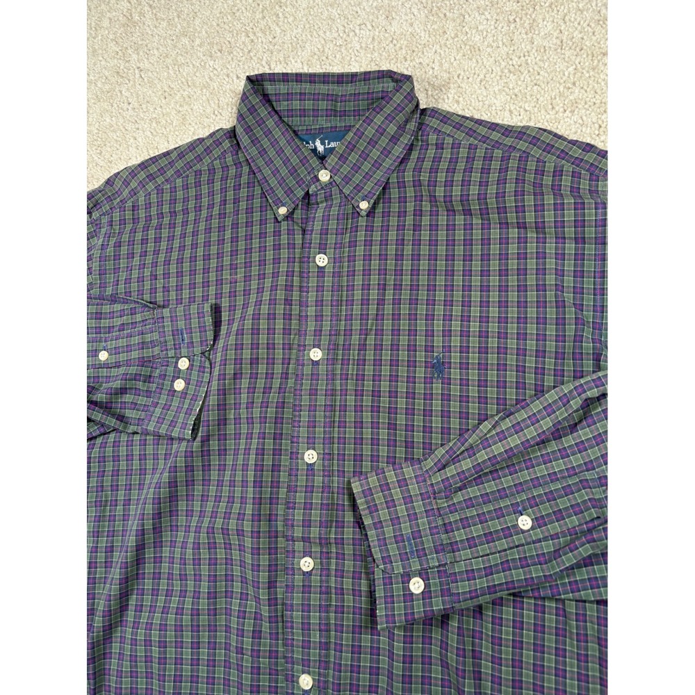 Ralph Lauren Yarmouth Mens 16.5 34/35 Plaid Button Down Shirt Green Purple